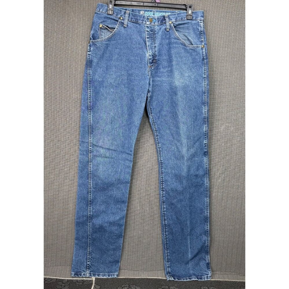 Wrangler Cool Vantage Mens 34X36 Blue Regular Fit Straight Leg Denim Jeans